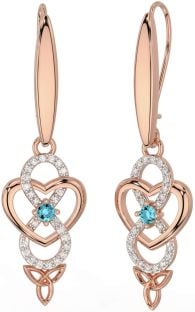 Diamond Aquamarine Rose Gold Silver Infinity Celtic Trinity Knot Dangle Earrings