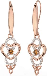 Diamond Citrine Rose Gold Silver Infinity Celtic Trinity Knot Dangle Earrings