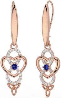 Diamond Sapphire Rose Gold Silver Infinity Celtic Trinity Knot Dangle Earrings