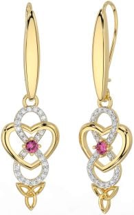 Diamond Pink Tourmaline Gold Silver Infinity Celtic Trinity Knot Dangle Earrings