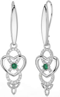 Diamond Emerald Silver Infinity Celtic Trinity Knot Dangle Earrings