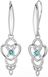 Diamond Aquamarine White Gold Infinity Celtic Trinity Knot Dangle Earrings