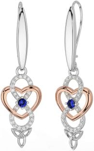 Diamond Sapphire White Rose Gold Infinity Celtic Trinity Knot Dangle Earrings