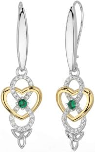 Diamond Emerald White Yellow Gold Infinity Celtic Trinity Knot Dangle Earrings