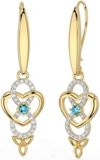 Diamond Aquamarine Gold Infinity Celtic Trinity Knot Dangle Earrings