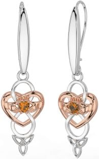 Citrine Rose Or Argent celtique Claddagh Infini Trinité Noeud Pendre Des boucles d'oreilles