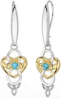 Aquamarine Gold Silver Celtic Claddagh Infinity Trinity Knot Dangle Earrings