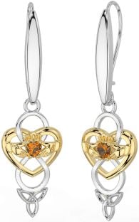 Citrine Gold Silver Celtic Claddagh Infinity Trinity Knot Dangle Earrings