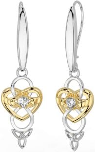 Diamond Gold Silver Celtic Claddagh Infinity Trinity Knot Dangle Earrings