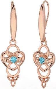 Aquamarine Rose Gold Silver Celtic Claddagh Infinity Trinity Knot Dangle Earrings