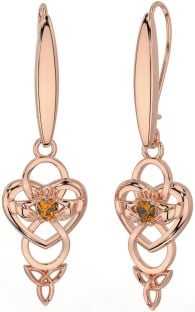 Citrine Rose Or Argent celtique Claddagh Infini Trinité Noeud Pendre Des boucles d'oreilles