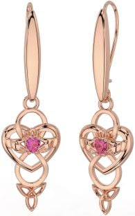 Pink Tourmaline Rose Gold Silver Celtic Claddagh Infinity Trinity Knot Dangle Earrings