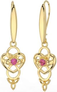 Pink Tourmaline Gold Silver Celtic Claddagh Infinity Trinity Knot Dangle Earrings