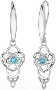 Aquamarine Silver Celtic Claddagh Infinity Trinity Knot Dangle Earrings