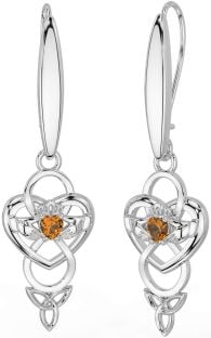 Citrine Silver Celtic Claddagh Infinity Trinity Knot Dangle Earrings