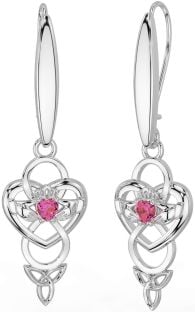 Pink Tourmaline Silver Celtic Claddagh Infinity Trinity Knot Dangle Earrings