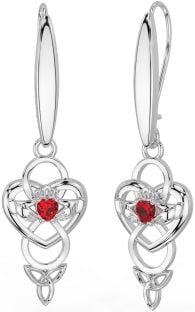 Ruby Silver Celtic Claddagh Infinity Trinity Knot Dangle Earrings