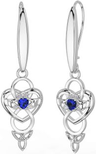 Sapphire Silver Celtic Claddagh Infinity Trinity Knot Dangle Earrings