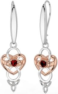 Garnet Rose Gold Silver Celtic Claddagh Infinity Trinity Knot Dangle Earrings