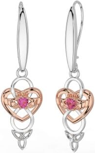 Pink Tourmaline Rose Gold Silver Celtic Claddagh Infinity Trinity Knot Dangle Earrings