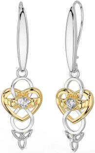 Diamond White Yellow Gold Celtic Claddagh Infinity Trinity Knot Dangle Earrings