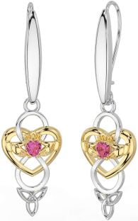 Pink Tourmaline White Yellow Gold Celtic Claddagh Infinity Trinity Knot Dangle Earrings