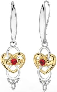 Ruby White Yellow Gold Celtic Claddagh Infinity Trinity Knot Dangle Earrings