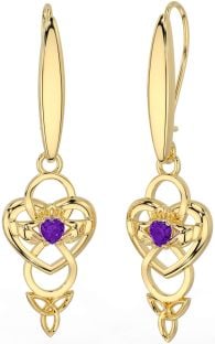 Amethyst Gold Celtic Claddagh Infinity Trinity Knot Dangle Earrings