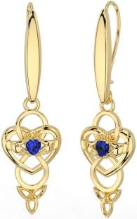 Sapphire Gold Celtic Claddagh Infinity Trinity Knot Dangle Earrings