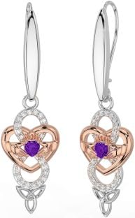 Diamond Amethyst Rose Gold Silver Celtic Claddagh Infinity Trinity Knot Dangle Earrings