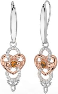 Diamant Citrine Rose Or Argent celtique Claddagh Infini Trinité Noeud Pendre Des boucles d'oreilles