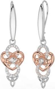 Diamond Rose Gold Silver Celtic Claddagh Infinity Trinity Knot Dangle Earrings