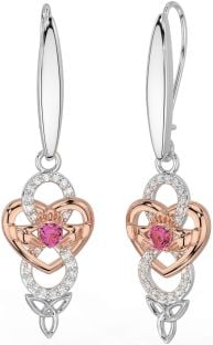 Diamant Rosa Turmalin Reste sig Guld Silver Keltiskt Claddagh Oändlighet Treenighet Knut Dingla Örhängen