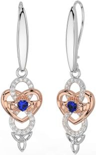 Diamond Sapphire Rose Gold Silver Celtic Claddagh Infinity Trinity Knot Dangle Earrings