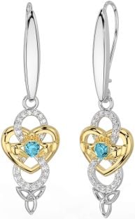 Diamond Aquamarine Gold Silver Celtic Claddagh Infinity Trinity Knot Dangle Earrings