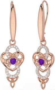 Diamond Amethyst Rose Gold Silver Celtic Claddagh Infinity Trinity Knot Dangle Earrings