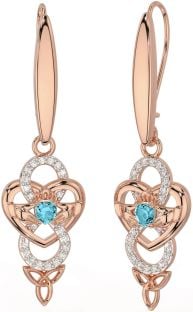 Diamond Aquamarine Rose Gold Silver Celtic Claddagh Infinity Trinity Knot Dangle Earrings