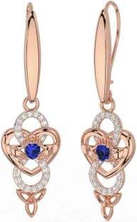 Diamond Sapphire Rose Gold Silver Celtic Claddagh Infinity Trinity Knot Dangle Earrings