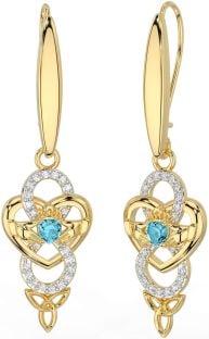 Diamond Aquamarine Gold Silver Celtic Claddagh Infinity Trinity Knot Dangle Earrings