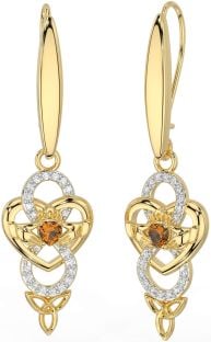 Diamant Citrine Or Argent celtique Claddagh Infini Trinité Noeud Pendre Des boucles d'oreilles