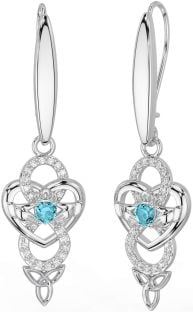 Diamond Aquamarine Silver Celtic Claddagh Infinity Trinity Knot Dangle Earrings