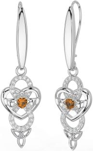 Diamond Citrine Silver Celtic Claddagh Infinity Trinity Knot Dangle Earrings