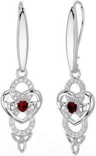 Diamond Garnet Silver Celtic Claddagh Infinity Trinity Knot Dangle Earrings