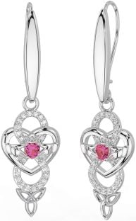 Diamond Pink Tourmaline Silver Celtic Claddagh Infinity Trinity Knot Dangle Earrings