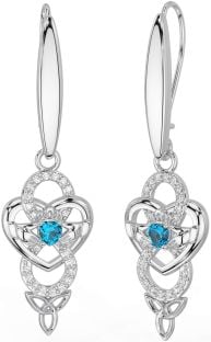 Diamond Topaz Silver Celtic Claddagh Infinity Trinity Knot Dangle Earrings