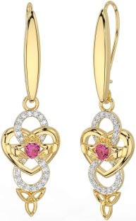 Turmalina Rosa Diamante Ouro Celta Claddagh Infinity TrinityBrincos pendurados com nó