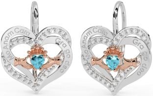 Diamond Aquamarine Rose Gold Silver Irish "My Soul Mate" Irish "Love Forever" Claddagh Heart Dangle Earrings