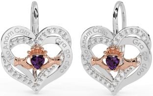 Diamond Alexandrite Rose Gold Silver Irish "My Soul Mate" Irish "Love Forever" Claddagh Heart Dangle Earrings