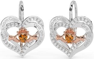 Diamond Citrine Rose Gold Silver Irish "My Soul Mate" Irish "Love Forever" Claddagh Heart Dangle Earrings