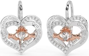 Diamond Rose Gold Silver Irish "My Soul Mate" Irish "Love Forever" Claddagh Heart Dangle Earrings